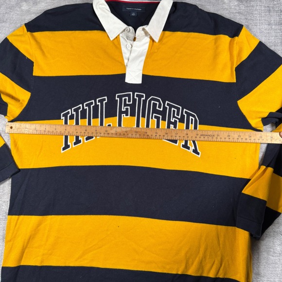 Tommy Hilfiger Shirt Mens Large Yellow Striped Long Sleeve Rugby Polo Spell Out - Picture 11 of 12